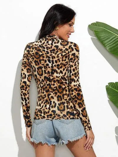 Leopard Mock Neck Long Sleeve T-Shirt Women's T-Shirts - Tophatter Daily Deals